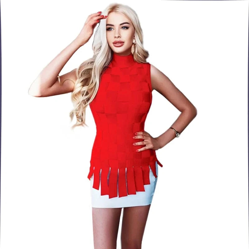 Ladies Spring and summer style patchwork plaid sleeveless blazer elastic slim sexy skirt bandage two piece set