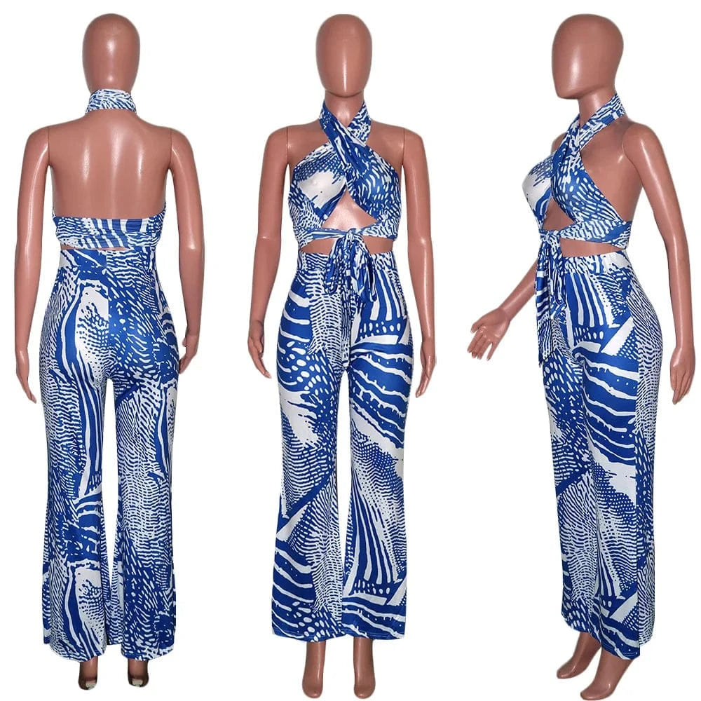 Ladies Two Piece Baggy Pant Set Sexy Lace Up Tops Wide Leg Trouser Sumer Outfits Women Printed Casual 2 Piece Suits