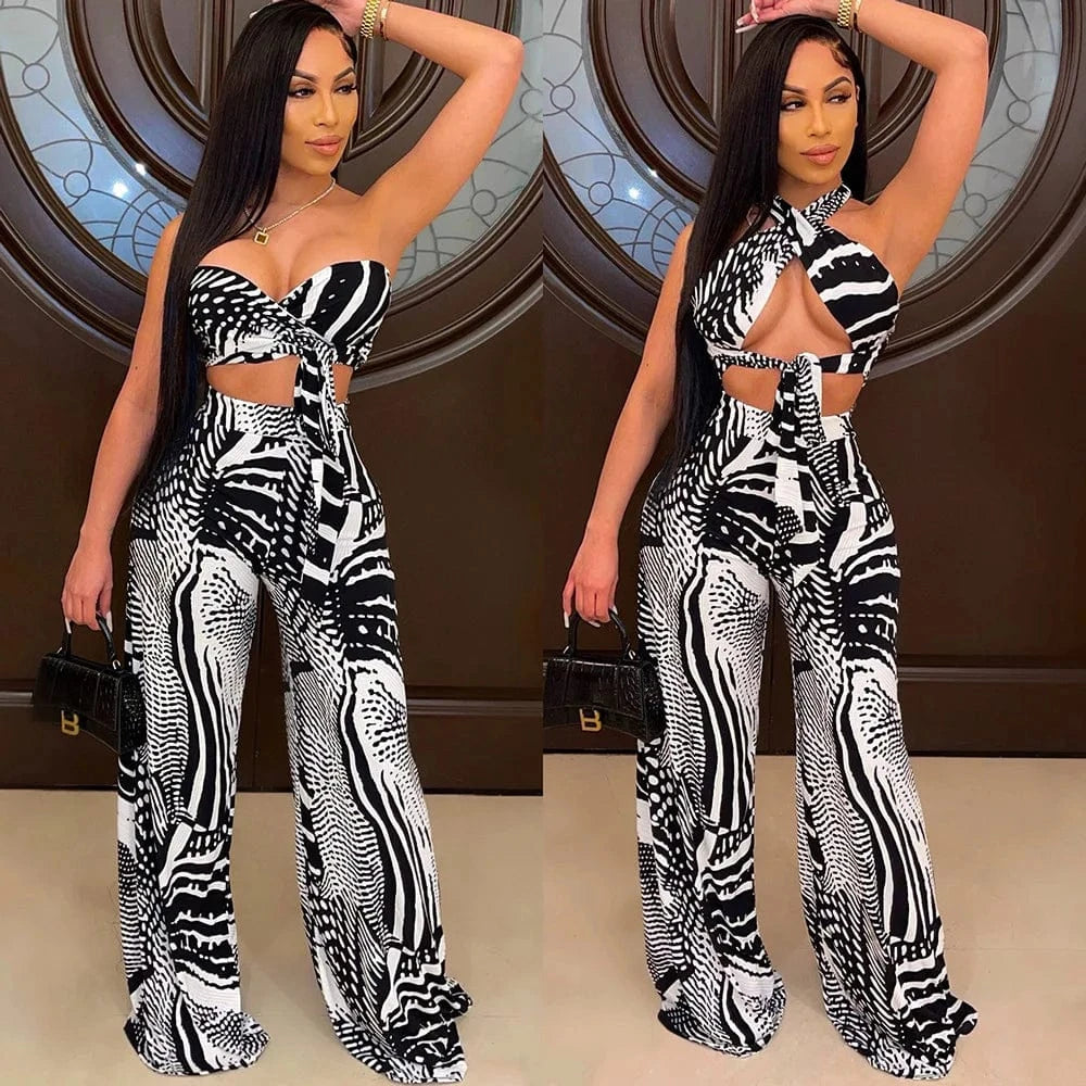 Ladies Two Piece Baggy Pant Set Sexy Lace Up Tops Wide Leg Trouser Sumer Outfits Women Printed Casual 2 Piece Suits