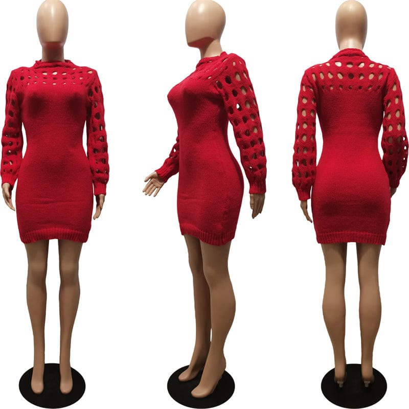 ladies women spring 2023 sexy red knit jersey long sleeve hollow out bodycon night club dress spring 2023 clothing for women