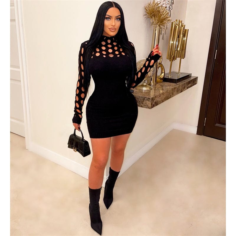 ladies women spring 2023 sexy red knit jersey long sleeve hollow out bodycon night club dress spring 2023 clothing for women