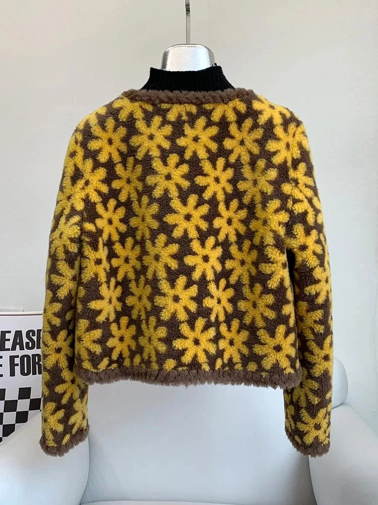 Lady Girl Lamb Wool Fur Warm Short Coats Female Sheep Shearling Floral Pattern Winter Jacket Overcoat JT3274