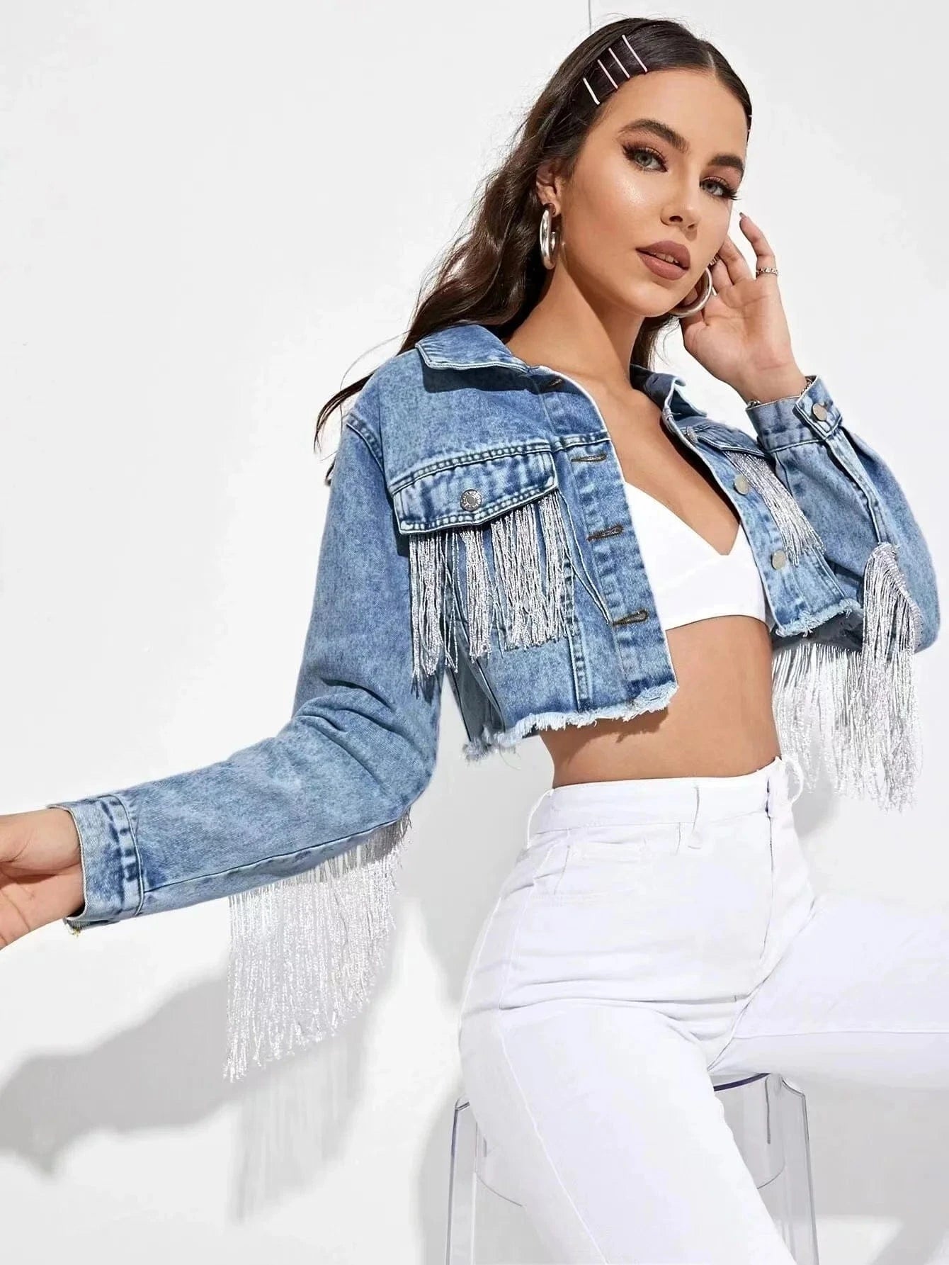 Lady Jean Jacket Long Sleeve Woman Denim Jacket Womens Clothing Black Quantity Custom Coat Cotton Blue OEM Pockets