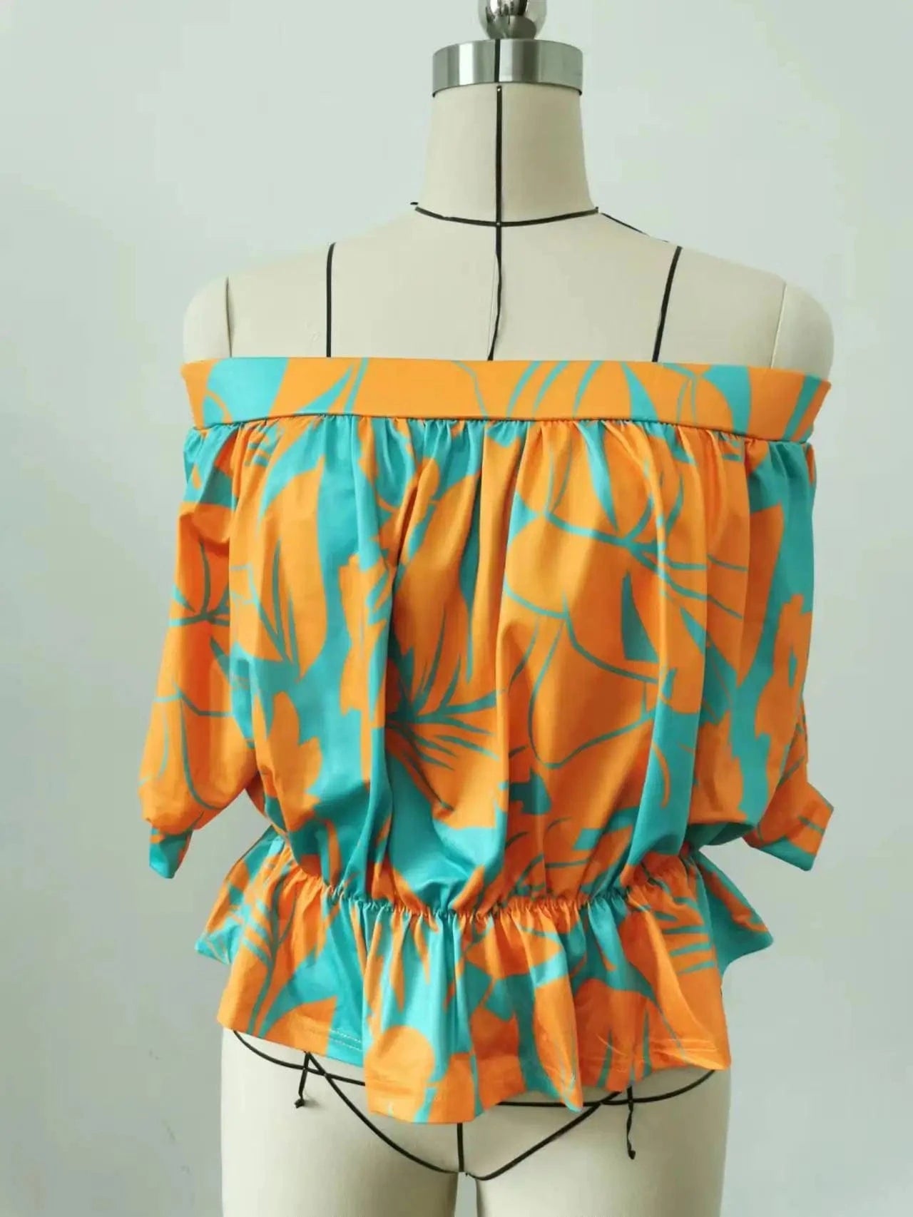 Lady Sexy Off Shoulder Bat Sleeve Print Shirt Women Casual Loose Pleated 2023 Office Elegant Top Blouse