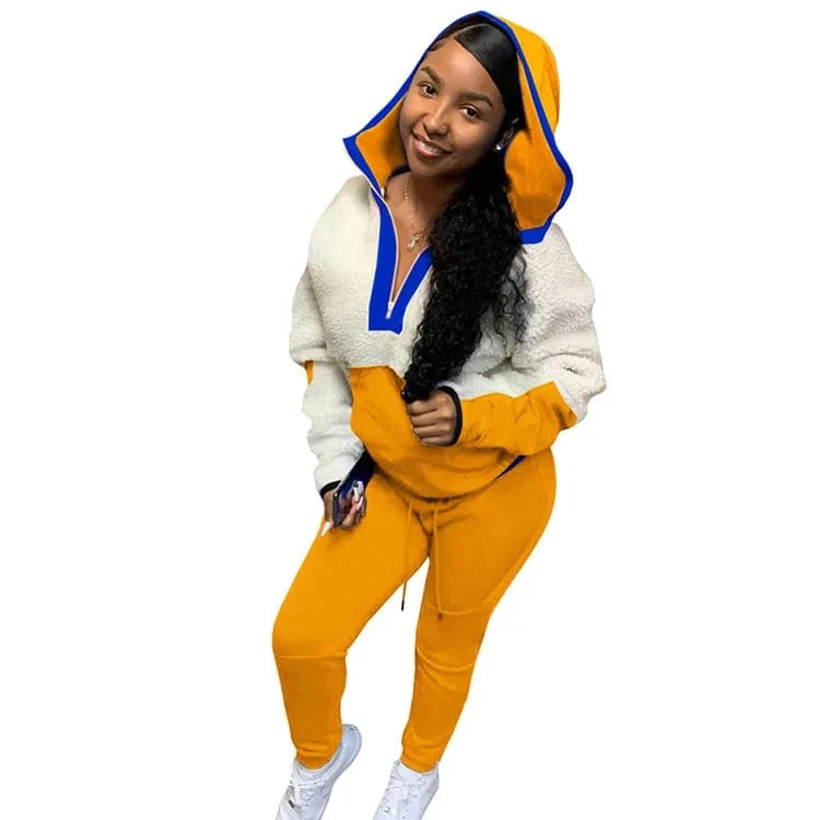 Lamb Hair Sweater Two Piece Set Women Clothing Hooded Patchwork 2 Piece Pants Set for Ladies