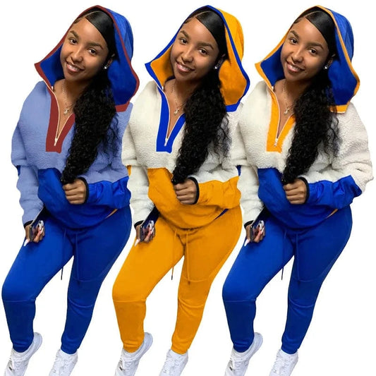 Lamb Hair Sweater Two Piece Set Women Clothing Hooded Patchwork 2 Piece Pants Set for Ladies