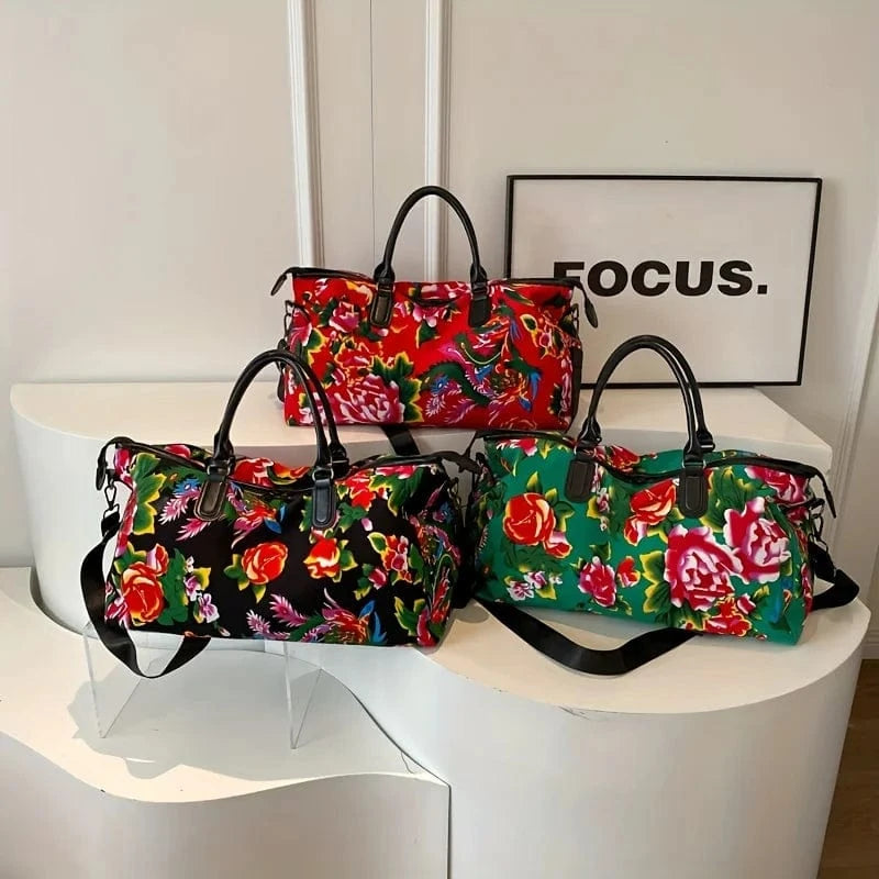 Large Capacity Shoulder Weekender Bag Trendy Ethnic Style Flower Pattern Travel Duffel Bag