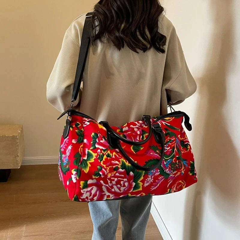 Large Capacity Shoulder Weekender Bag Trendy Ethnic Style Flower Pattern Travel Duffel Bag