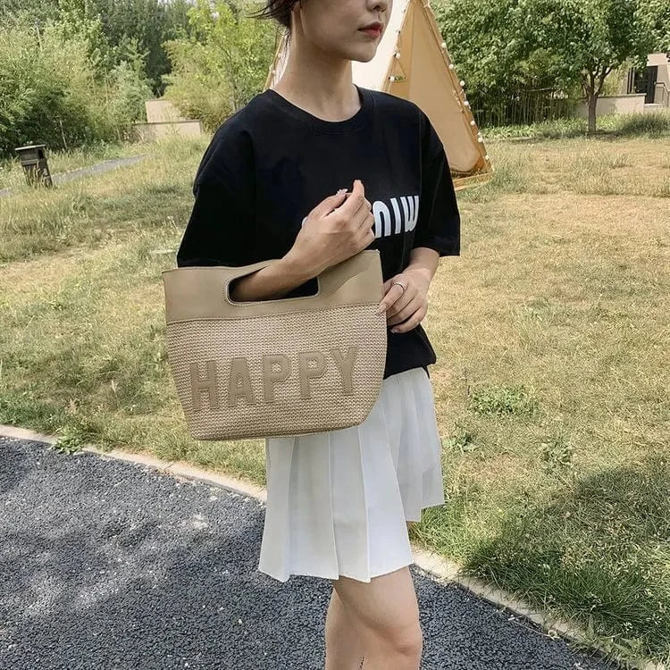 Large capacity Summer Straw bag for Women Happy Trend Handbag Bohemian casual beach shopping Tote Hand woven women Shoulder bag