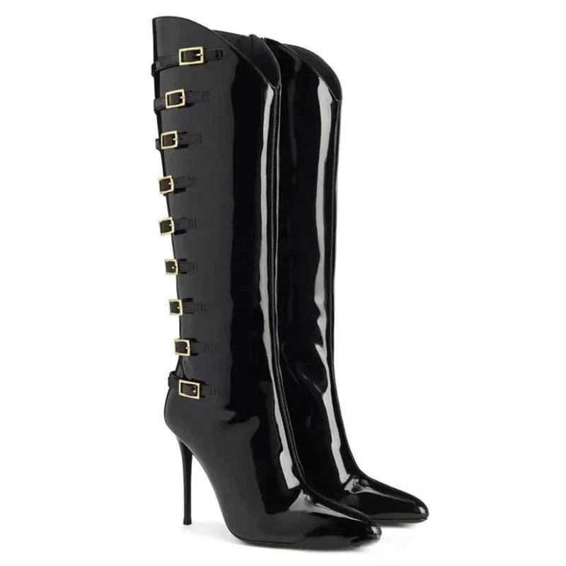Large Size 46 Metal Buckles Slim Heels Shoes Women Pointed Toe Patent Long Booty Side Zipper Sexy Knee High Boots