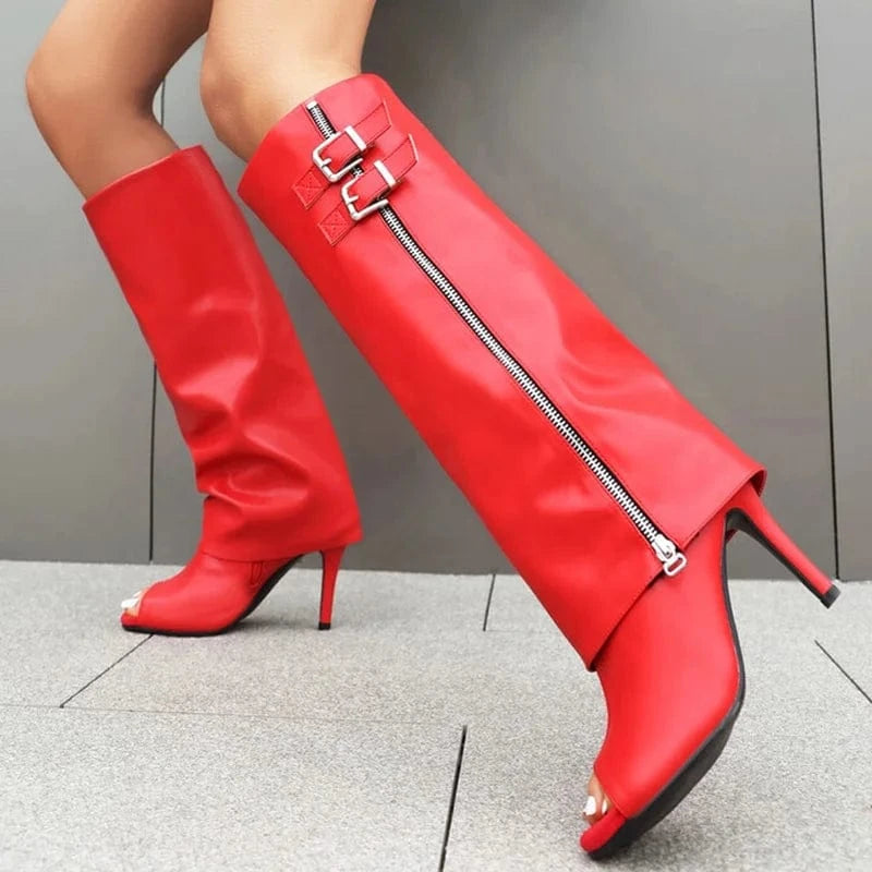 Large Size 48 Sexy Thin High Heels Peep Toe Shoes Side Zipper Stiletto Summer Pants Boots Women's Metal Belt Knee High Booties