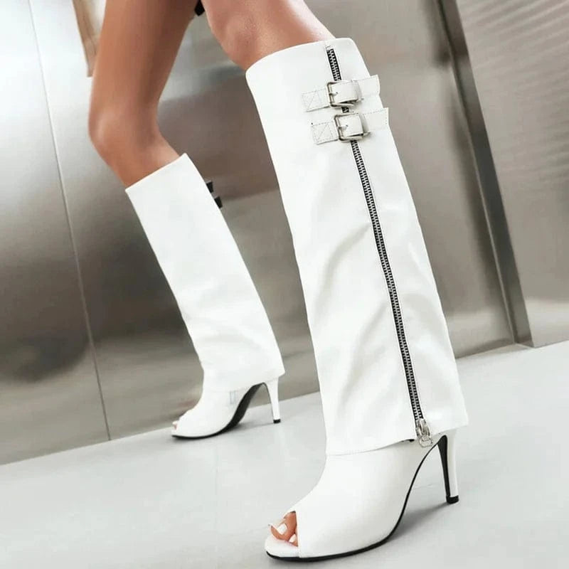 Large Size 48 Sexy Thin High Heels Peep Toe Shoes Side Zipper Stiletto Summer Pants Boots Women's Metal Belt Knee High Booties