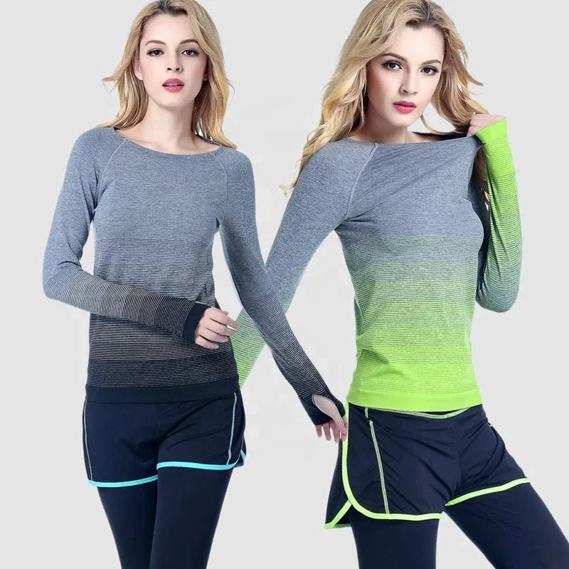 Large Size Yoga Wear Round Neck Seamless Sports Fitness Shirt Gradient Long Sleeves Running T-shirts For Womens