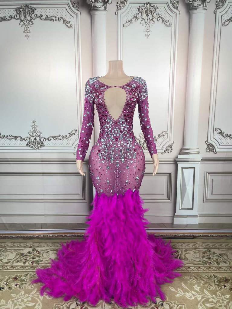 Latest Design Silver Crystal Purple Diamond Party Dress Purple Feather Maxi Standard Prom Dresses 2023 Evening Gowns Sexy