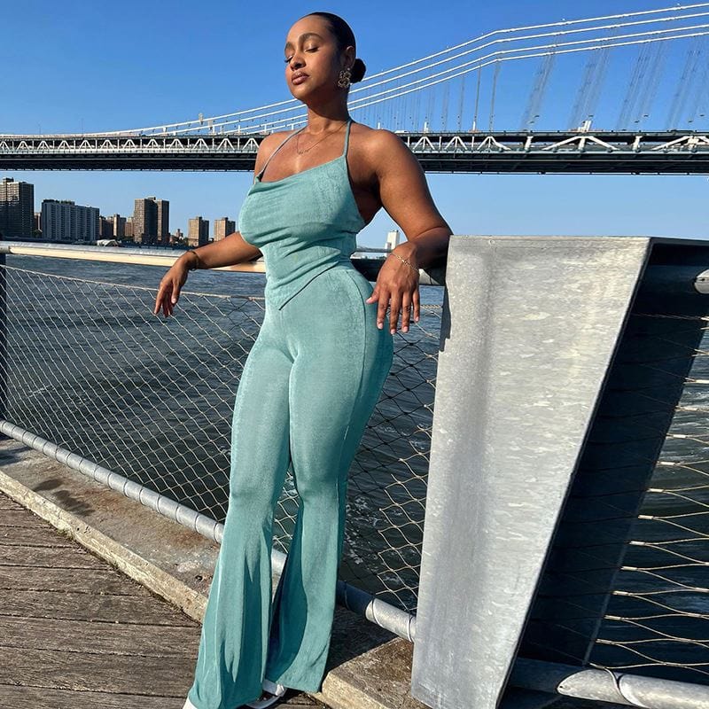 Latest Two Piece Sets 2022 Fashion Solid Color Lace Up Sleeveless Tube Top And Casual Long Pants Women Two Piece Pants Set