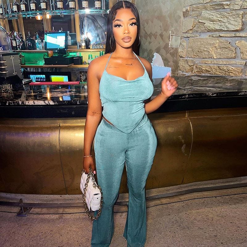 Latest Two Piece Sets 2022 Fashion Solid Color Lace Up Sleeveless Tube Top And Casual Long Pants Women Two Piece Pants Set