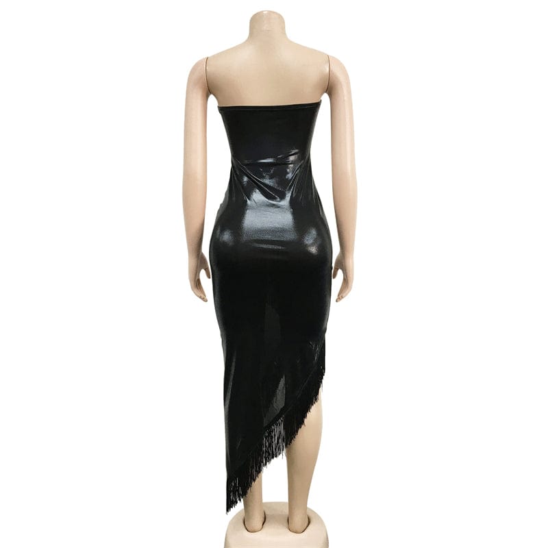 latex plus size sexy black tassel faux pu leather corset sleeveless front high slit bodycon wrap evening dress XL sexy for women