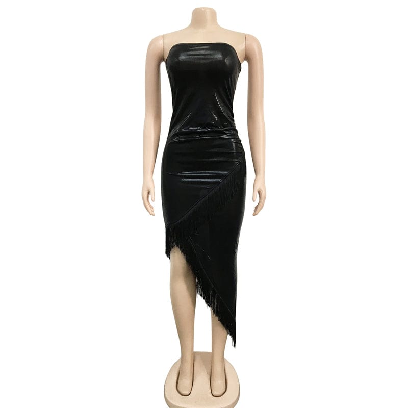 latex plus size sexy black tassel faux pu leather corset sleeveless front high slit bodycon wrap evening dress XL sexy for women