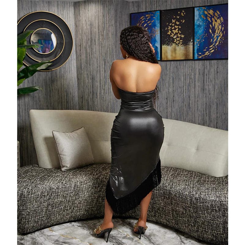 latex plus size sexy black tassel faux pu leather corset sleeveless front high slit bodycon wrap evening dress XL sexy for women