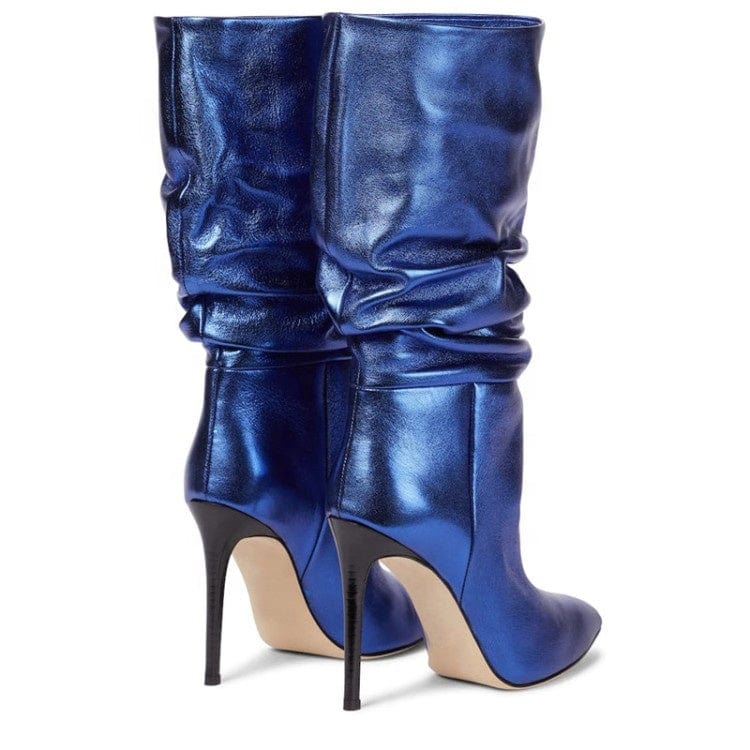 Leather Look Pointed Blue Thin Heeled Boots Microfiber Leather High Quality Pull On Knee High Boots for Ladies Big Size 48