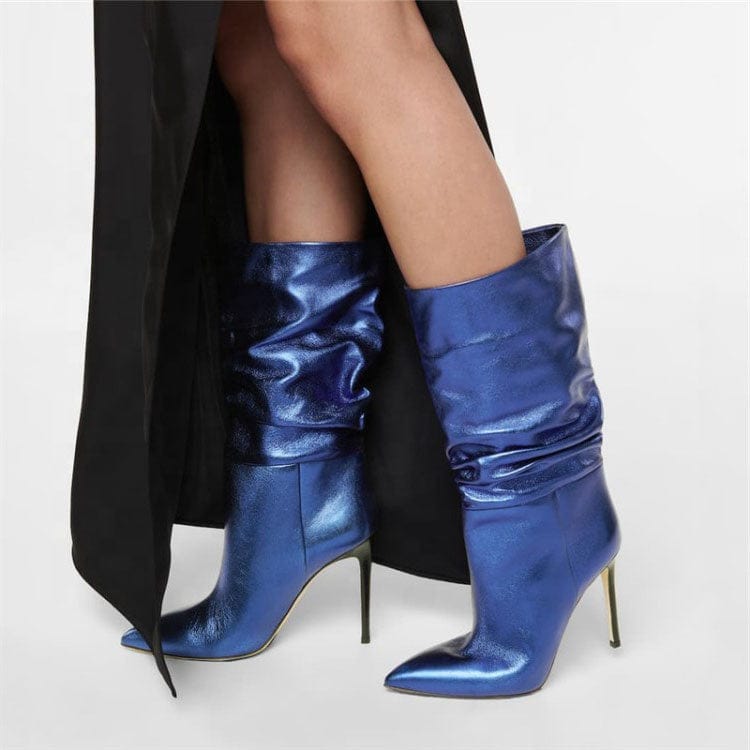 Leather Look Pointed Blue Thin Heeled Boots Microfiber Leather High Quality Pull On Knee High Boots for Ladies Big Size 48