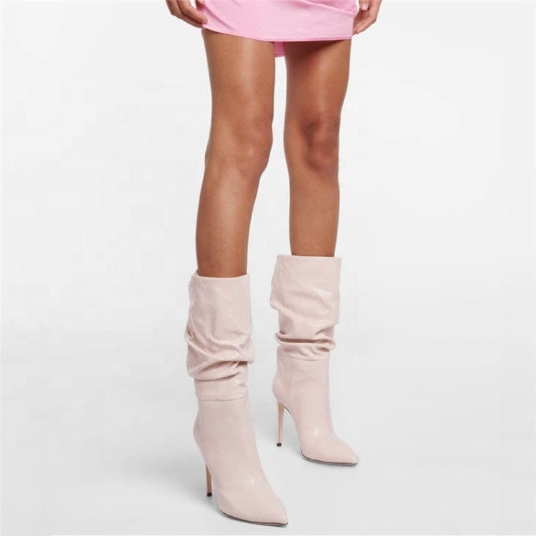 Leather Look Pointed Blue Thin Heeled Boots Microfiber Leather High Quality Pull On Knee High Boots for Ladies Big Size 48