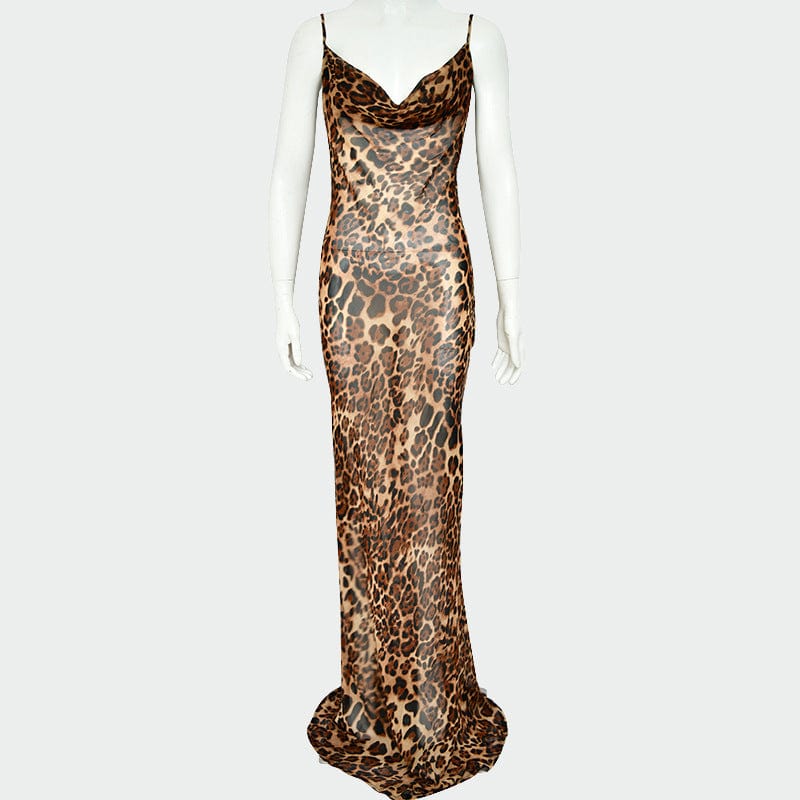 Leopard Print Sexy Women Long Dress Bodycon Strap Winter Elegant Backless Maxi Party Vintage Dresses Y10598