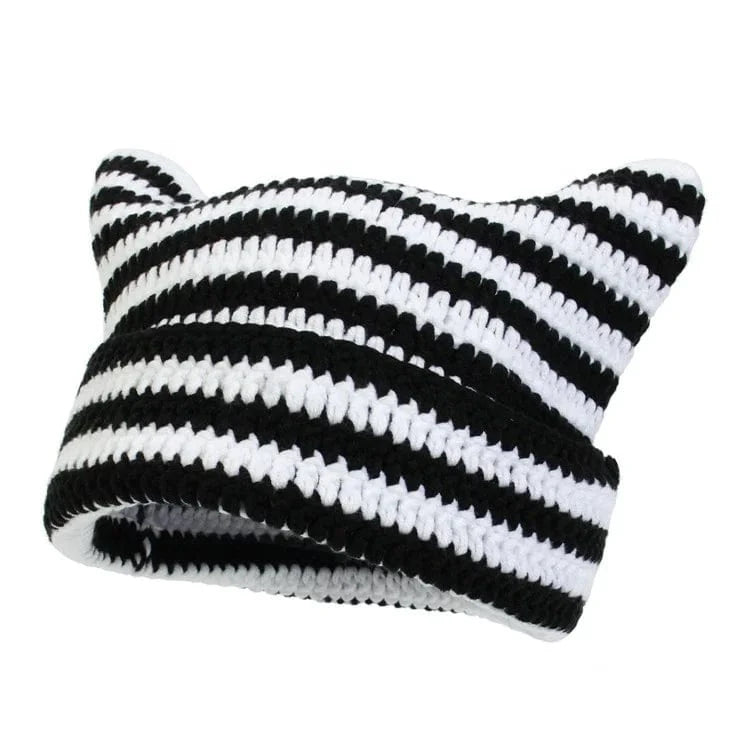Little Demon Stripe Bonnet Cute Cartoon Cat Ear Knitted Hat Fashion Knit Piglet Cap Autumn Winter Warm Soft Beanies