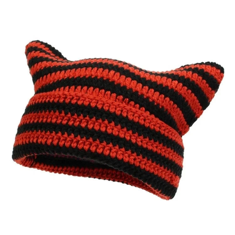 Little Demon Stripe Bonnet Cute Cartoon Cat Ear Knitted Hat Fashion Knit Piglet Cap Autumn Winter Warm Soft Beanies