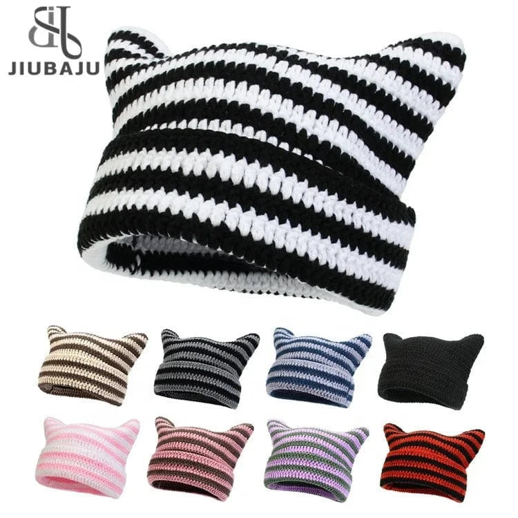 Little Demon Stripe Bonnet Cute Cartoon Cat Ear Knitted Hat Fashion Knit Piglet Cap Autumn Winter Warm Soft Beanies