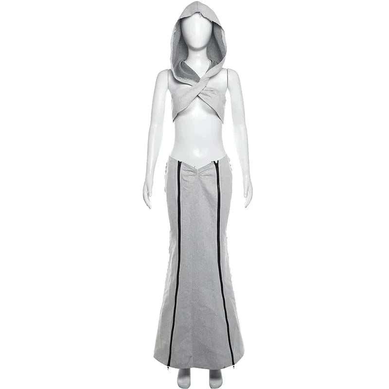 Liu Ming 2024 New Products Women Y2K Elegant Two Pieces Set Short Hoodies Camisole Vest Tops Skinny Zipper Long Skirt Suit