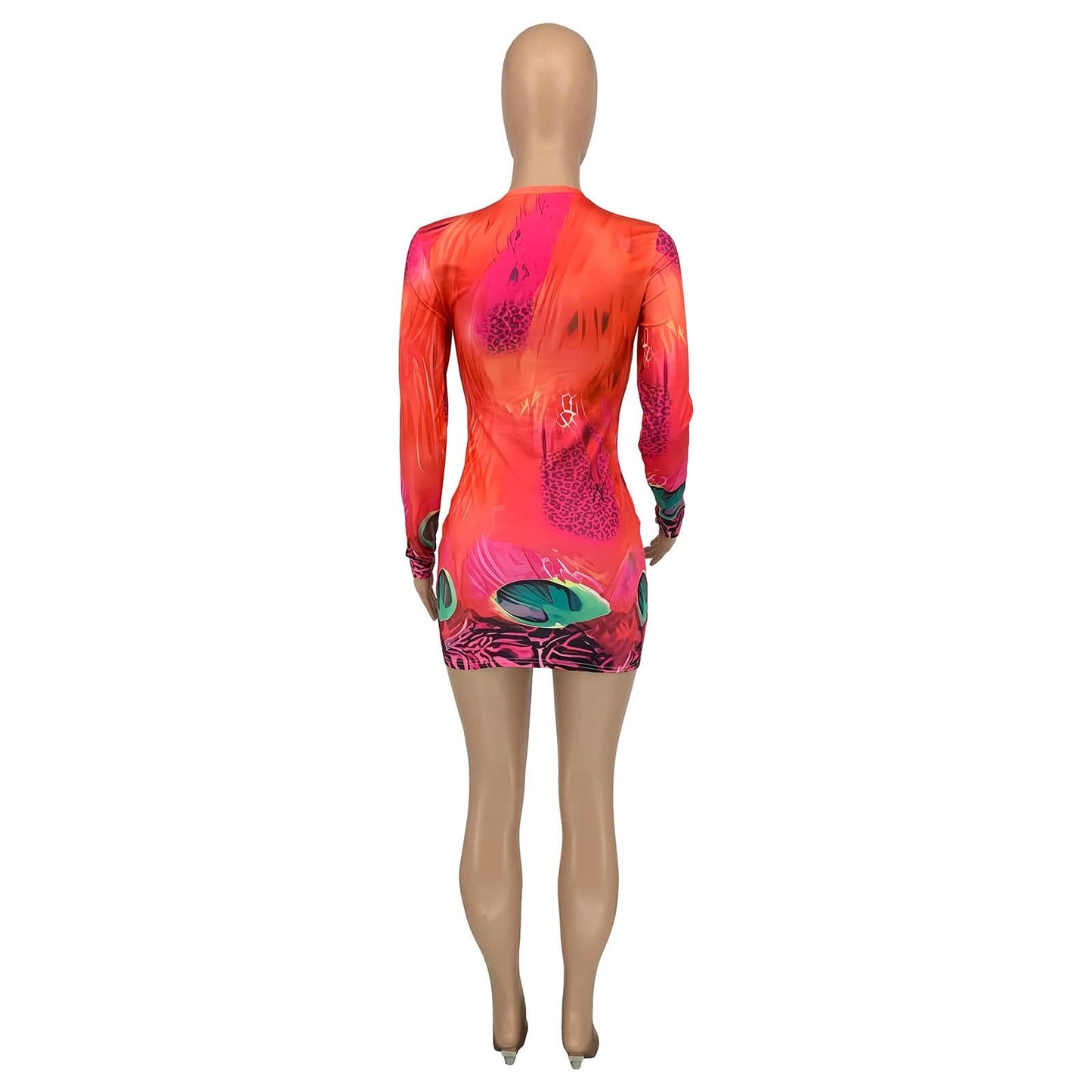 Liu Ming Fall Winter Women Fashion 2023 Sexy Full Printed Long Sleeve High Waist Bodycon Mini Dress