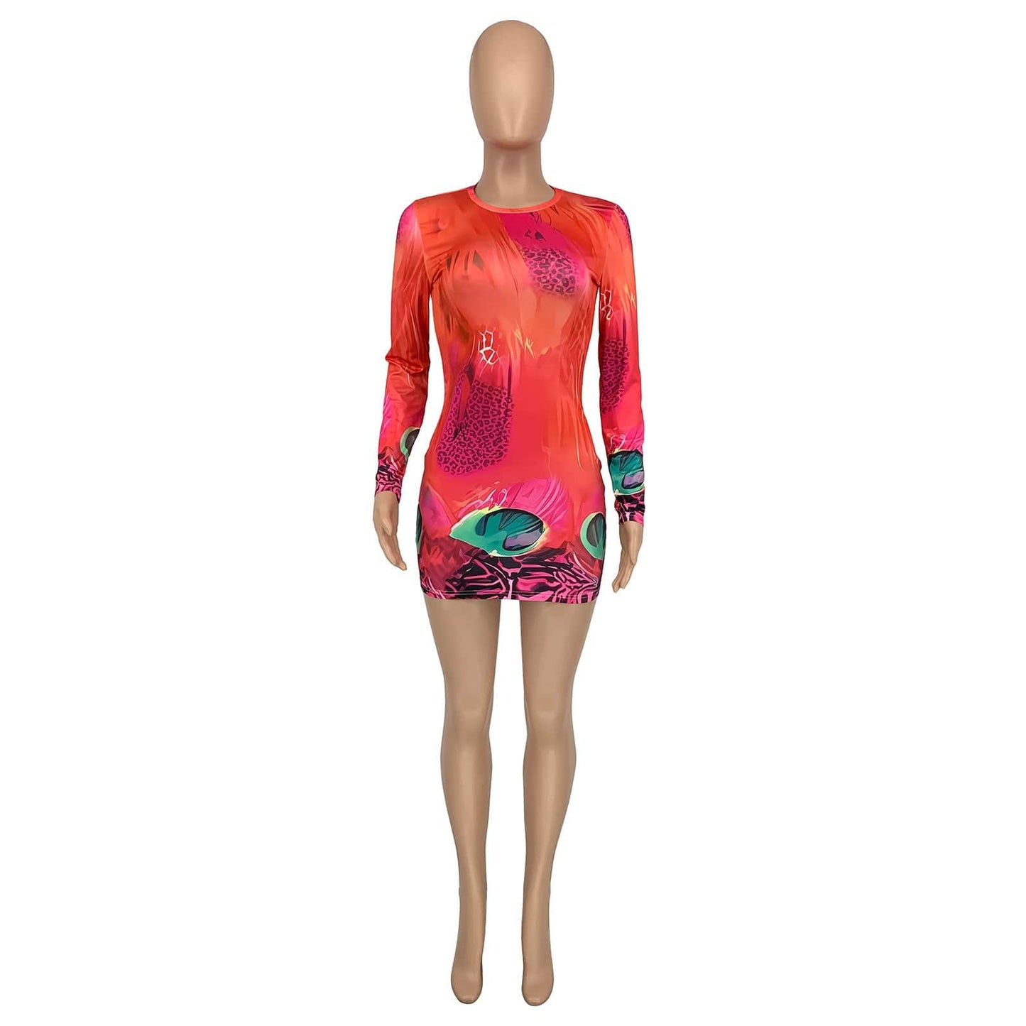 Liu Ming Fall Winter Women Fashion 2023 Sexy Full Printed Long Sleeve High Waist Bodycon Mini Dress
