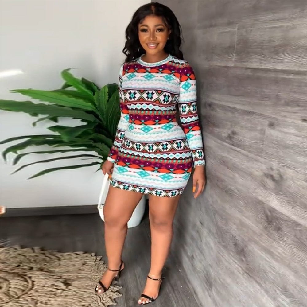 Liu Ming Fall Winter Women Fashion 2023 Sexy Full Printed Long Sleeve High Waist Bodycon Mini Dress