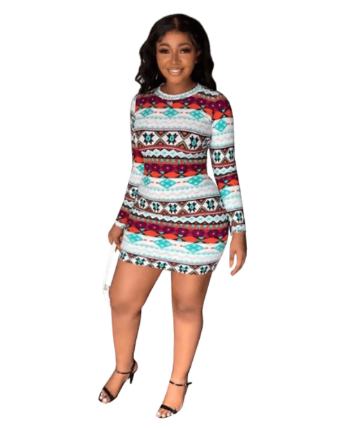 Liu Ming Fall Winter Women Fashion 2023 Sexy Full Printed Long Sleeve High Waist Bodycon Mini Dress