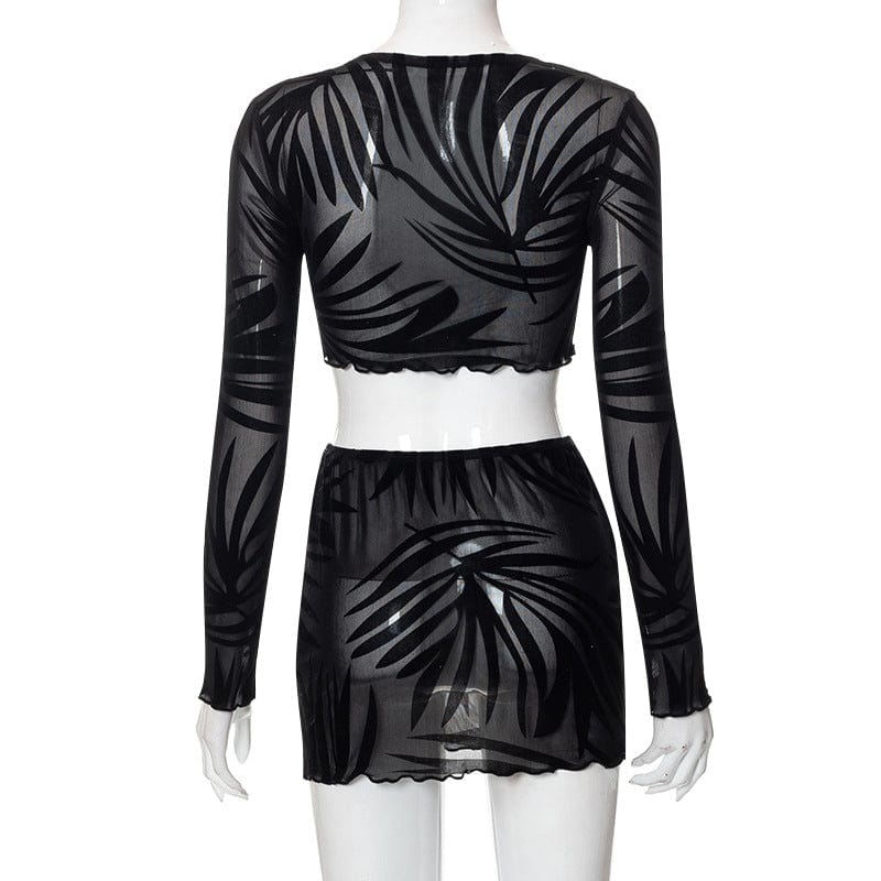 Liu Ming Fall Women Sexy 2023 New Arrivals Mesh Hollow Out 2 Piece Party Club Long Sleeve Crop Tops And Mini Skirt Set