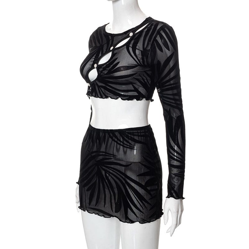 Liu Ming Fall Women Sexy 2023 New Arrivals Mesh Hollow Out 2 Piece Party Club Long Sleeve Crop Tops And Mini Skirt Set