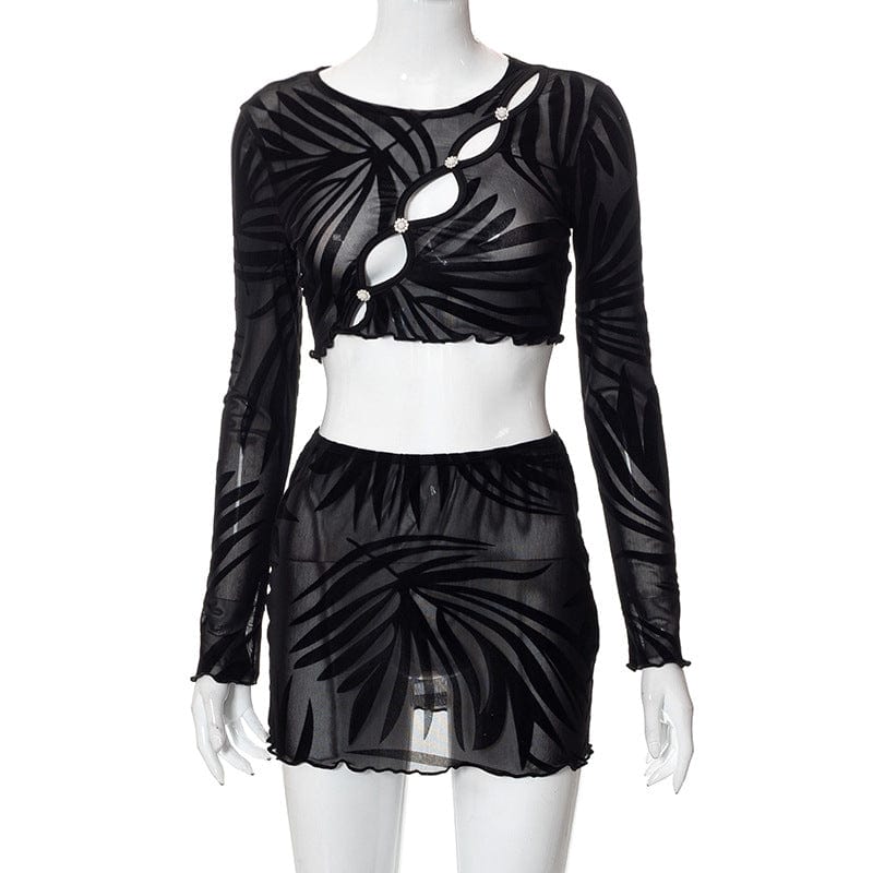 Liu Ming Fall Women Sexy 2023 New Arrivals Mesh Hollow Out 2 Piece Party Club Long Sleeve Crop Tops And Mini Skirt Set