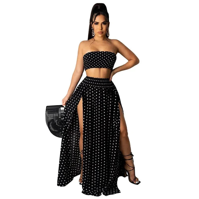 Liu Ming Fashionable 2024 Spring New Women Sexy Off Shoulder Wrap Chest Split Solid Color Maxi Skirt Set