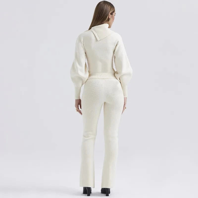 Liu Ming Hot Trending Products 2024 Women Fall Winter Knitted Two Piece Irregular Button Lapel Sweater Flare Pants Matching Set