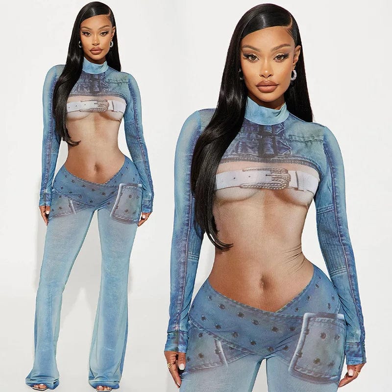 Liu Ming Valentines Day Gift 2024 Women Sexy Long Sleeve High Neck Flare Pants Overall Party Club Denim Body Print Jumpsuit