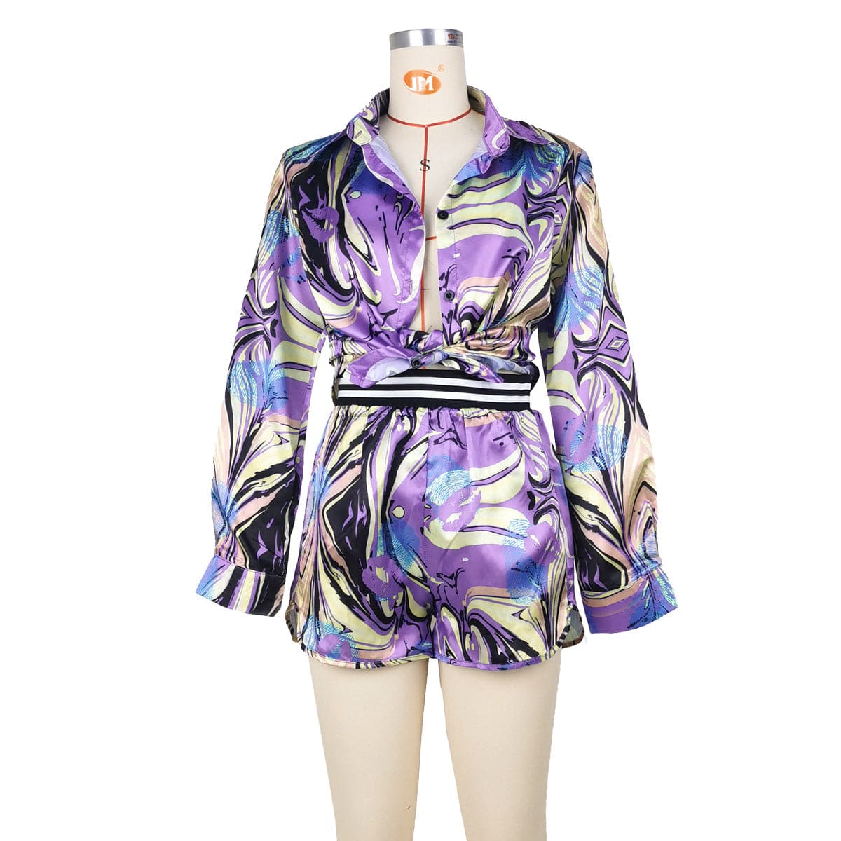 Liu Ming Wholesale Fashion Women Streetwear 2023 New Arrivals Print 2 Piece Long Sleeve Crop Tops Shorts Suits