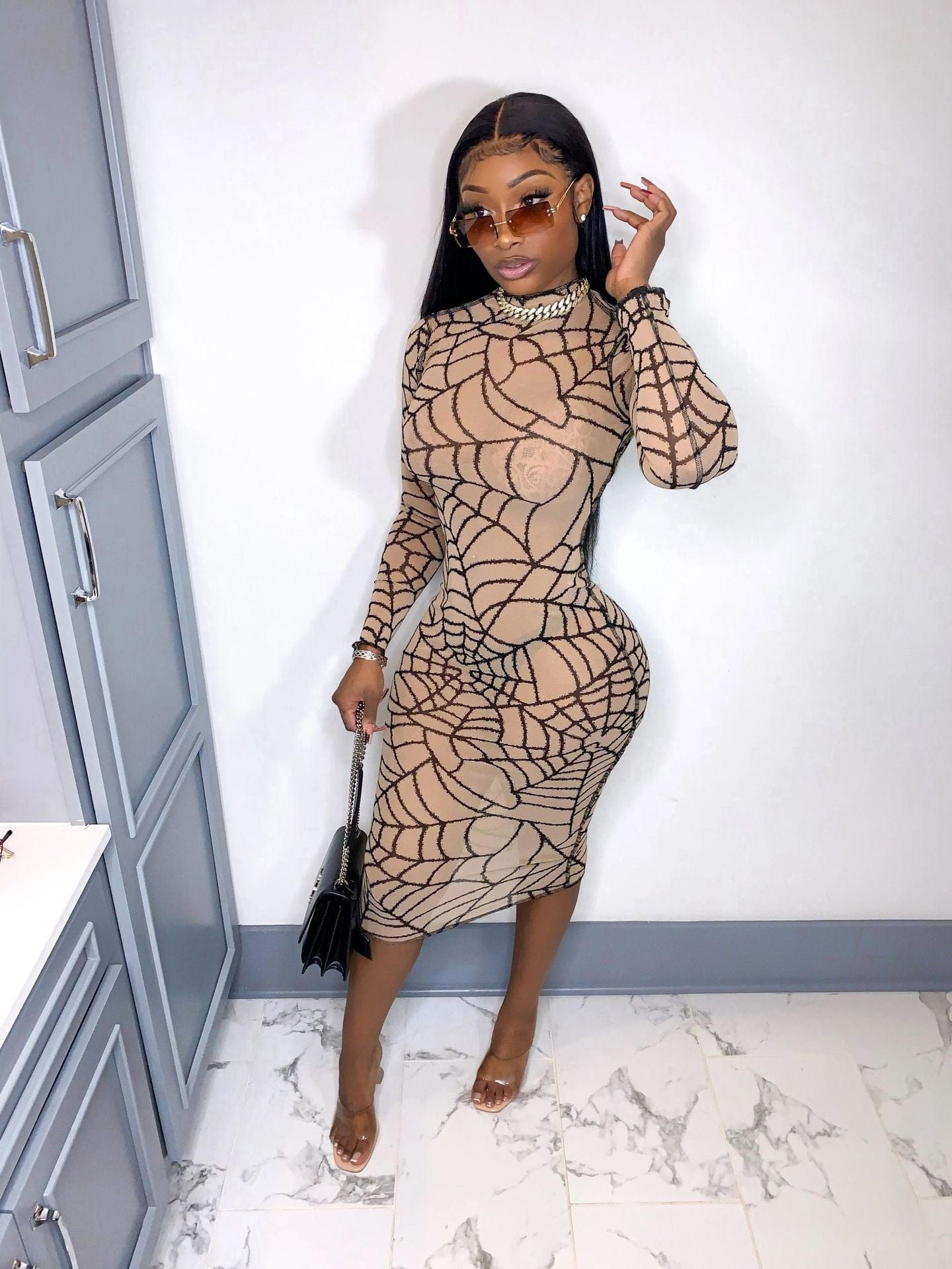 LO6419 New arrival long sleeved spider web tight nightclub see through mesh print sexy dress