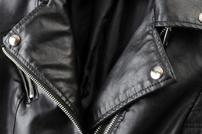 Locomotive Biker Jacket Stripe Straight Sleeve 4 Zipper PU Leather Plus Size S-3XL Women Regular Zip Up Coat