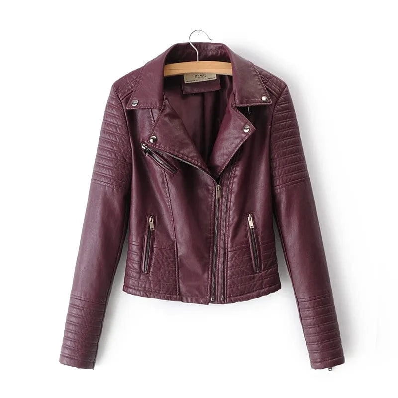Locomotive Biker Jacket Stripe Straight Sleeve 4 Zipper PU Leather Plus Size S-3XL Women Regular Zip Up Coat