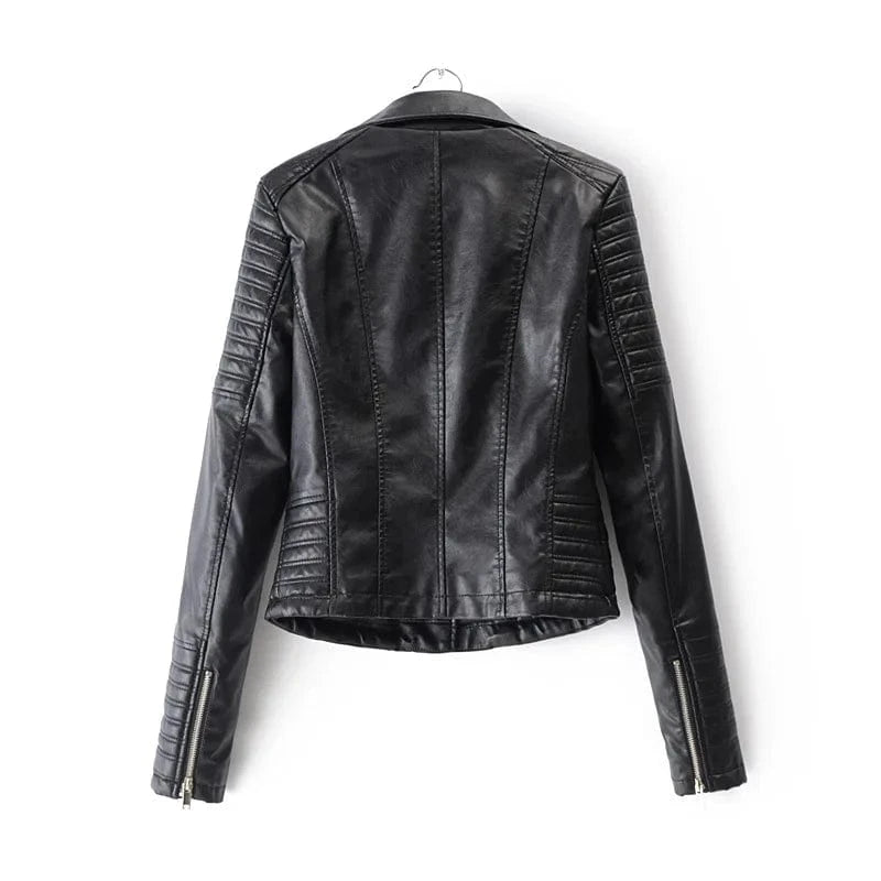 Locomotive Biker Jacket Stripe Straight Sleeve 4 Zipper PU Leather Plus Size S-3XL Women Regular Zip Up Coat