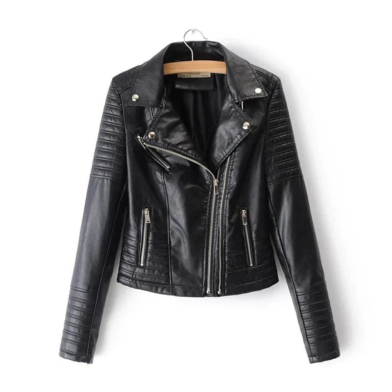 Locomotive Biker Jacket Stripe Straight Sleeve 4 Zipper PU Leather Plus Size S-3XL Women Regular Zip Up Coat