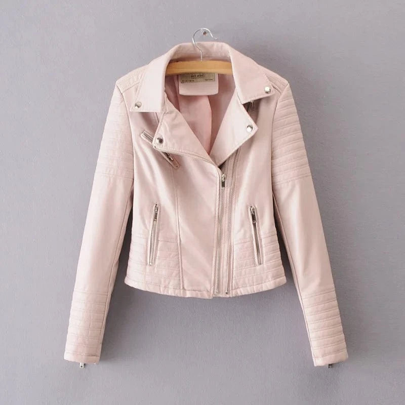 Locomotive Biker Jacket Stripe Straight Sleeve 4 Zipper PU Leather Plus Size S-3XL Women Regular Zip Up Coat