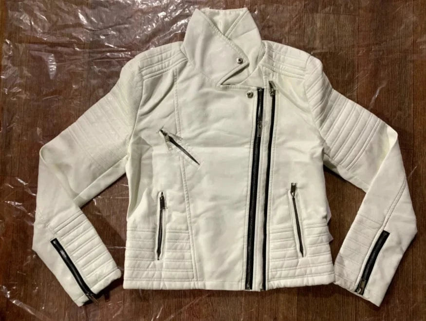 Locomotive Biker Jacket Stripe Straight Sleeve 4 Zipper PU Leather Plus Size S-3XL Women Regular Zip Up Coat