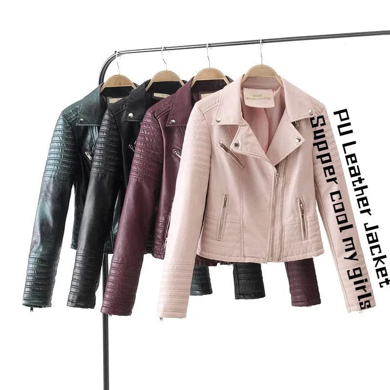 Locomotive Biker Jacket Stripe Straight Sleeve 4 Zipper PU Leather Plus Size S-3XL Women Regular Zip Up Coat